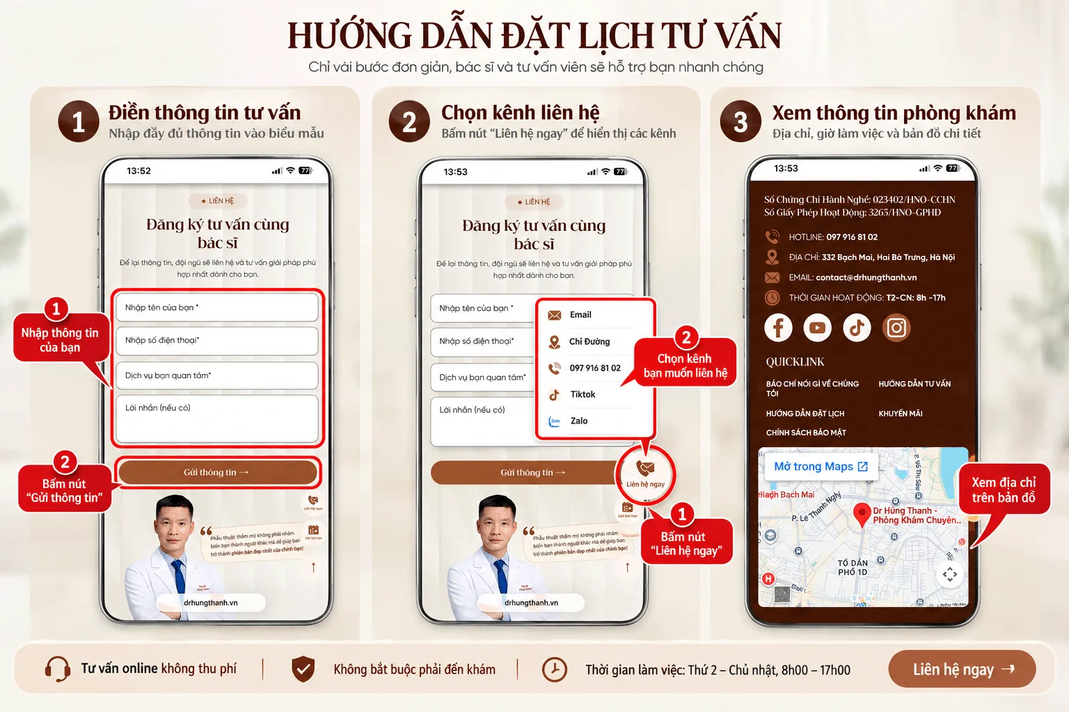 Ba bước đặt lịch tư vấn online tại Phòng khám Thẩm mỹ GN: điền biểu mẫu đăng ký, chọn kênh liên hệ Zalo Facebook TikTok, xem thông tin phòng khám ở chân trang